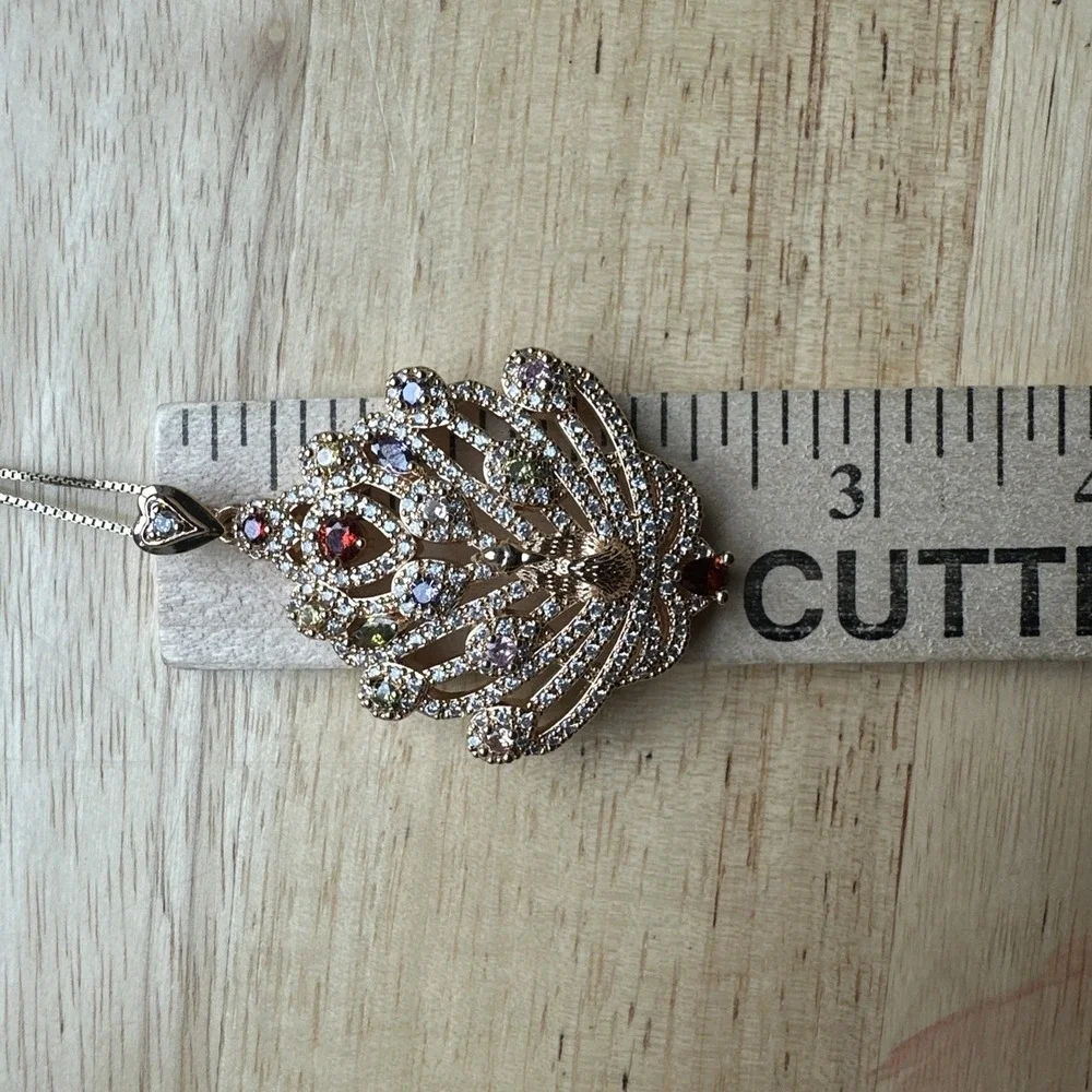 VTG Peacock Pendant Necklace 15 Inch Multi Lab Created Gems Sterling Italy Chain